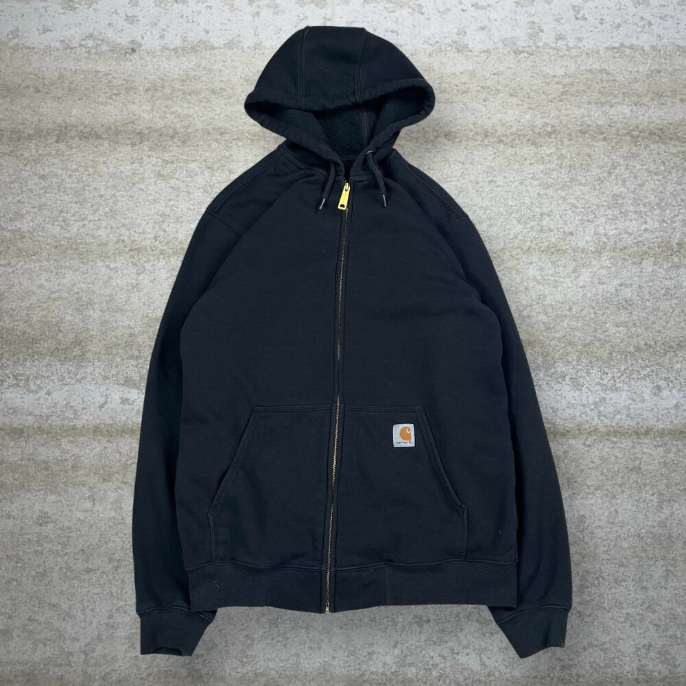 Vintage Y2K Carhartt Hoodie Mens M Jet Black White Logo Cotton Full Zip